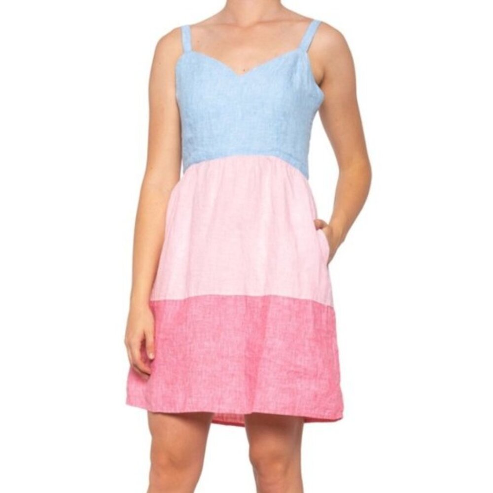 Cynthia Rowley Dress Pockets Sleeveless 100% Linen Colorblock Pink Blue Size 4